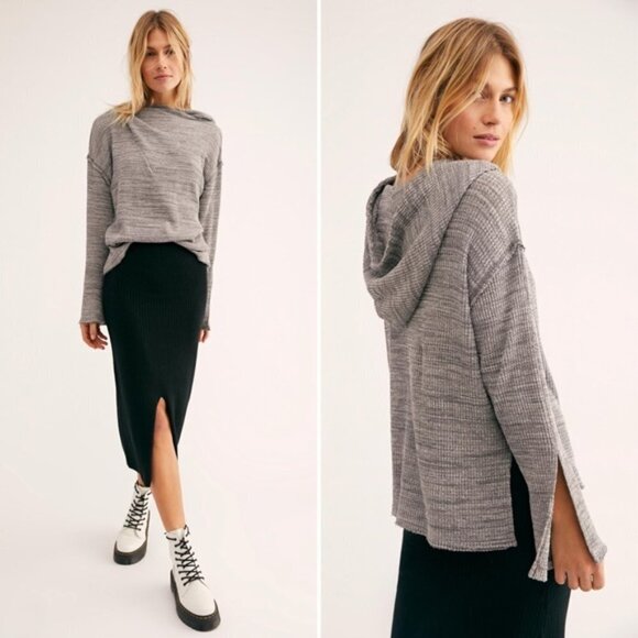 FREE PEOPLE BEACH Erica Waffle Knit Slouchy Hoodie Grey Comfy S Small Cozy Boho - Picture 1 of 6